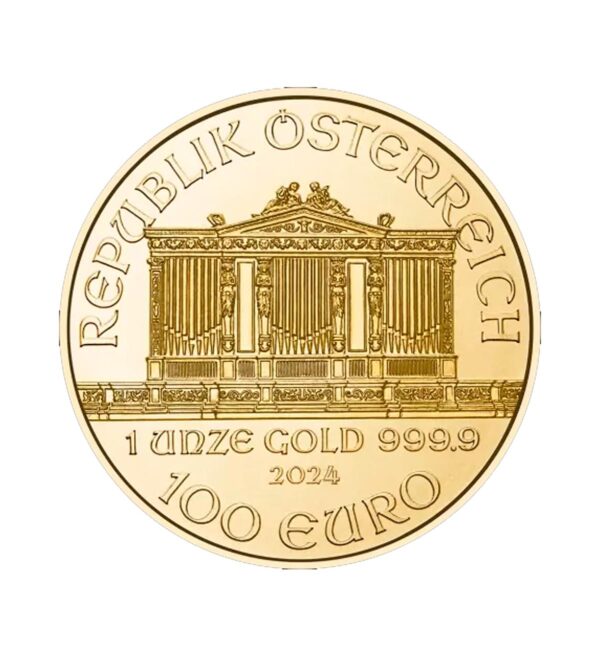 Perspectiva frontal de la cara de la moneda de oro Filarmónica de Viena de 1oz de 2024