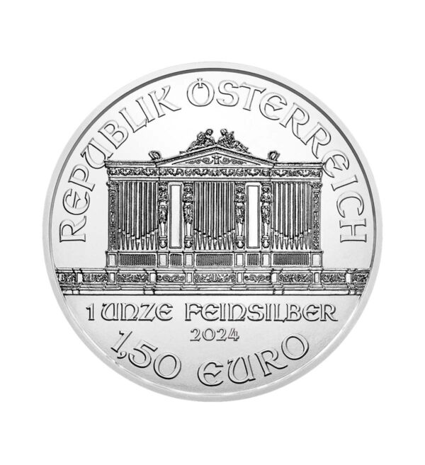 Perspectiva frontal de la cara de la moneda de plata Filarmónica de Viena de 1oz de 2024