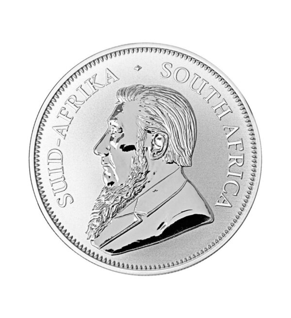 Perspectiva frontal de la cara de la moneda de plata de 1oz de 2024, con el busto lateral del presidente Paul Kruger