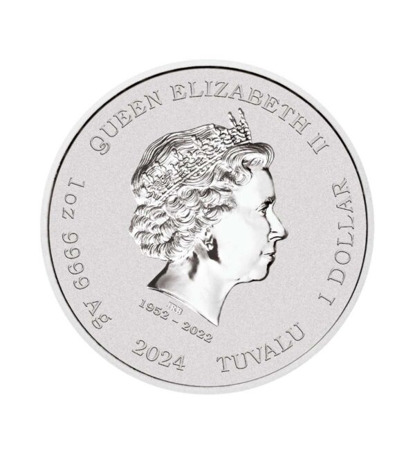 Perspectiva frontal de la cara de la moneda de plata Pantera Rosa de 1 onza de plata de 2024