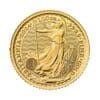 Perspectiva frontal de la cruz de la moneda de oro Britannia de 1/10oz de 2024, con la imagen de la diosa alzando su tridente
