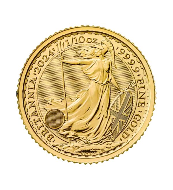 Perspectiva frontal de la cruz de la moneda de oro Britannia de 1/10oz de 2024, con la imagen de la diosa alzando su tridente