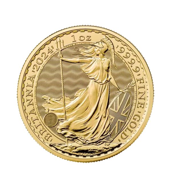 Perspectiva frontal de la cruz de la moneda de oro Britannia de 1oz de 2024, con la imagen de la diosa alzando su tridente