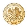 Perspectiva frontal de la moneda de oro Filarmónica de Viena de 1/4oz de 2024, con el diseño de todos los instrumentos de la orquesta