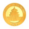 Perspectiva frontal de la cara de la moneda de oro Panda chino, de 3 gramos de 2024, que muestra un templo clásico chino