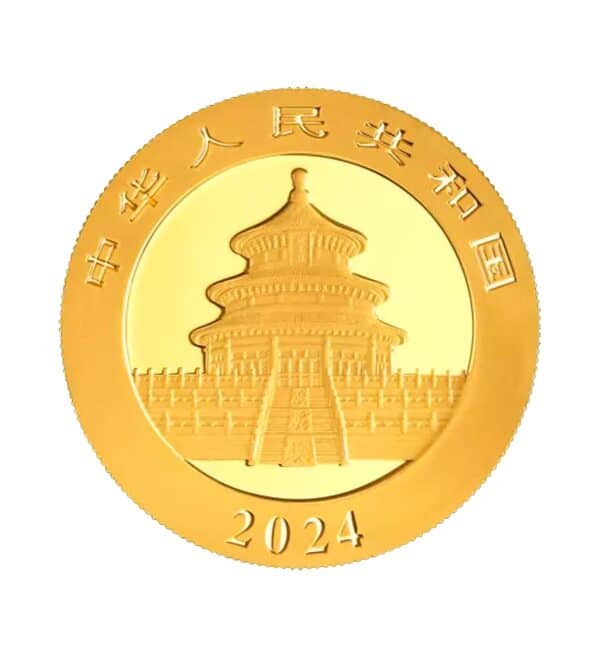 Perspectiva frontal de la cara de la moneda de oro Panda chino, de 3 gramos de 2024, que muestra un templo clásico chino