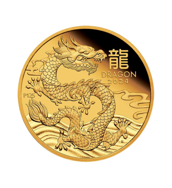 Perspectiva frontal de la cruz de la moneda de oro Año del Dragón de 1/10oz de 2024, con el diseño del dragón ocupando casi toda la moneda