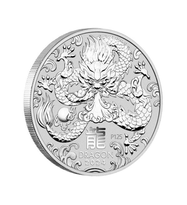 Perspectiva frontal del canto de la moneda de plata Año del Dragón de 1 onza de plata de 2024