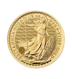 Perspectiva frontal de la cruz de la moneda de oro Britannia de 1/2oz de 2024, con la imagen de la diosa alzando su tridente