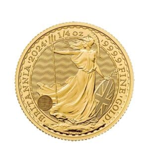 Perspectiva frontal de la cruz de la moneda de oro Britannia de 1/4oz de 2024, con la imagen de la diosa alzando su tridente