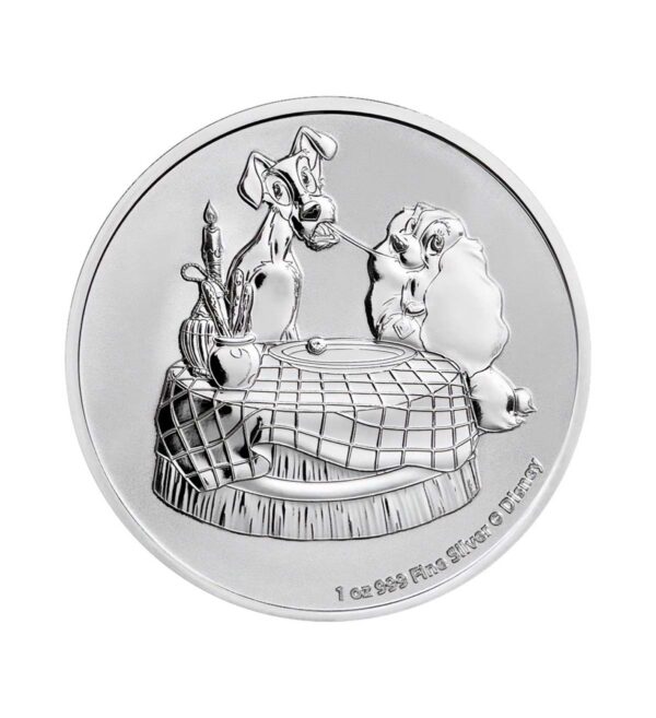 Perspectiva frontal de la cara de la moneda de plata La Dama y el Vagabundo de 1 onza de 2024