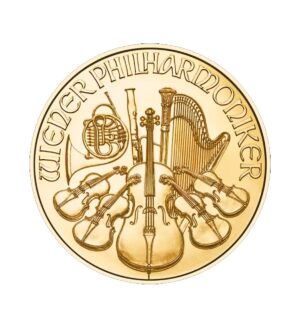 Perspectiva frontal de la moneda de oro Filarmónica de Viena de 1/2oz de 2024, con el diseño de todos los instrumentos de la orquesta