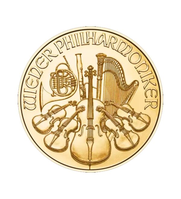 Perspectiva frontal de la moneda de oro Filarmónica de Viena de 1oz de 2024, con el diseño de todos los instrumentos de la orquesta