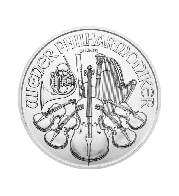 Perspectiva frontal de la cruz de la moneda de plata Filarmónica de Viena de 1oz de 2024