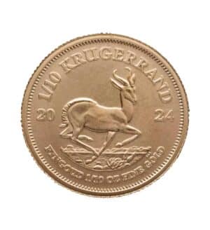 Perspectiva frontal de la cruz de la moneda de oro Krugerrand de 1/10 onza de 2024, con la imagen del Antílope