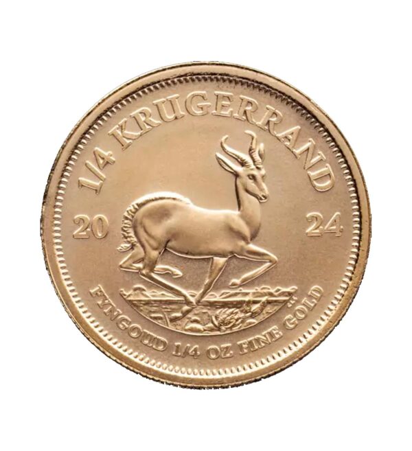 Perspectiva frontal de la cruz de la moneda de oro Krugerrand de 1/4 onza de 2024, con la imagen del Antílope