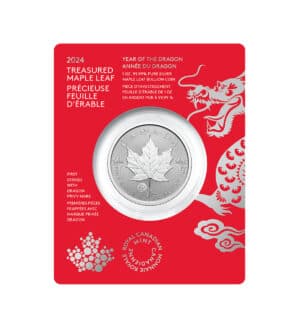 Perspectiva frontal de la moneda de plata Maple Leaf Año del Dragón de 1oz insertado en su blister, de tono rojo y con un diseño del dragón