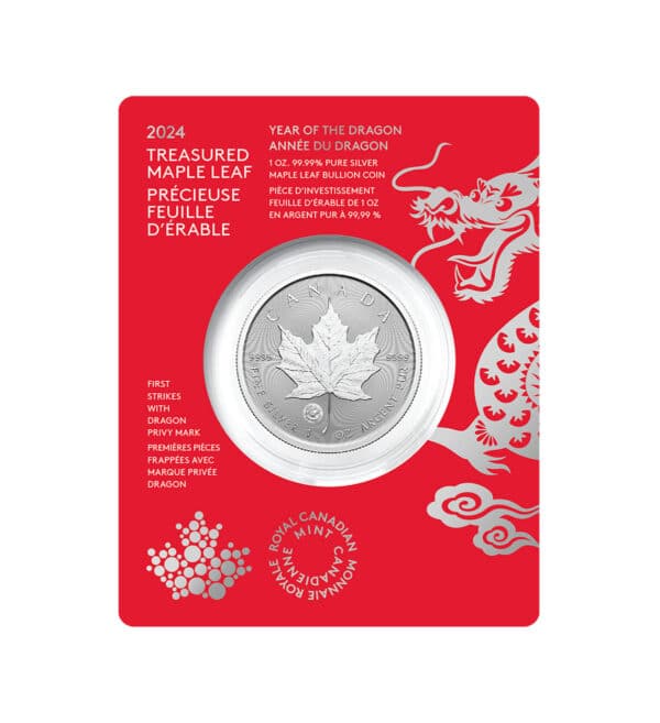 Perspectiva frontal de la moneda de plata Maple Leaf Año del Dragón de 1oz insertado en su blister, de tono rojo y con un diseño del dragón