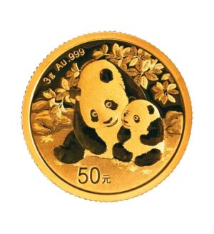 Perspectiva frontal de la cruz de la moneda de oro Panda chino, de 3 gramos de 2024, que presenta una tierna imagen entre una madre y una hija