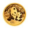 Perspectiva frontal de la cruz de la moneda de oro Panda chino, de 8 gramos de 2024, que presenta una tierna imagen entre una madre y una hija