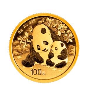 Perspectiva frontal de la cruz de la moneda de oro Panda chino, de 8 gramos de 2024, que presenta una tierna imagen entre una madre y una hija