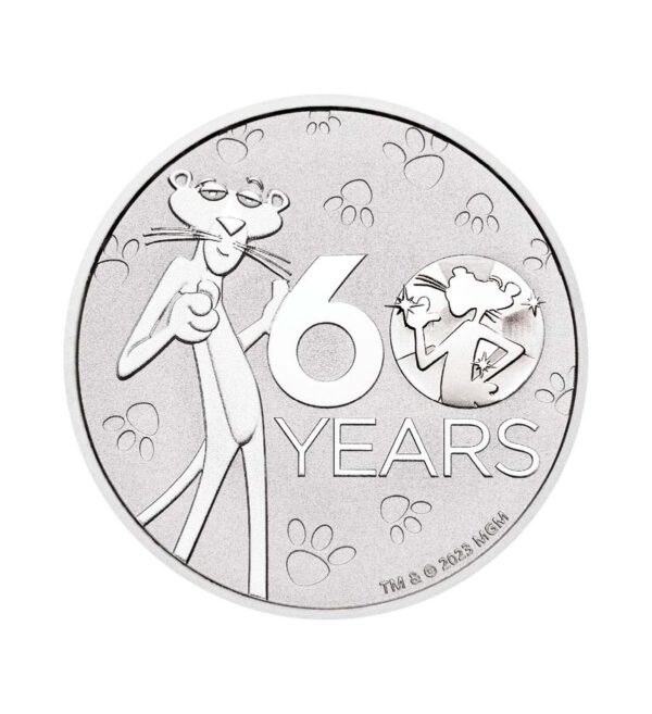 Perspectiva frontal de la cruz de la moneda de plata Pantera Rosa de 1oz de 2024, con la figura del animal junto al logo del 60 aniversario