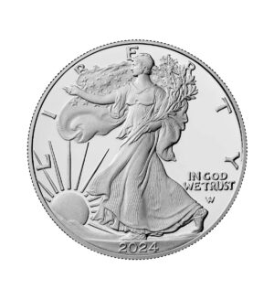 Perspectiva frontal de la cara de la moneda de plata American Eagle de 1 onza de 2024, con la imagen del águila