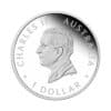 Perspectiva frontal de la moneda de plata Canguro de 1 onza de 2024, con el rostro de Carlos III, monarca de Reino Unido