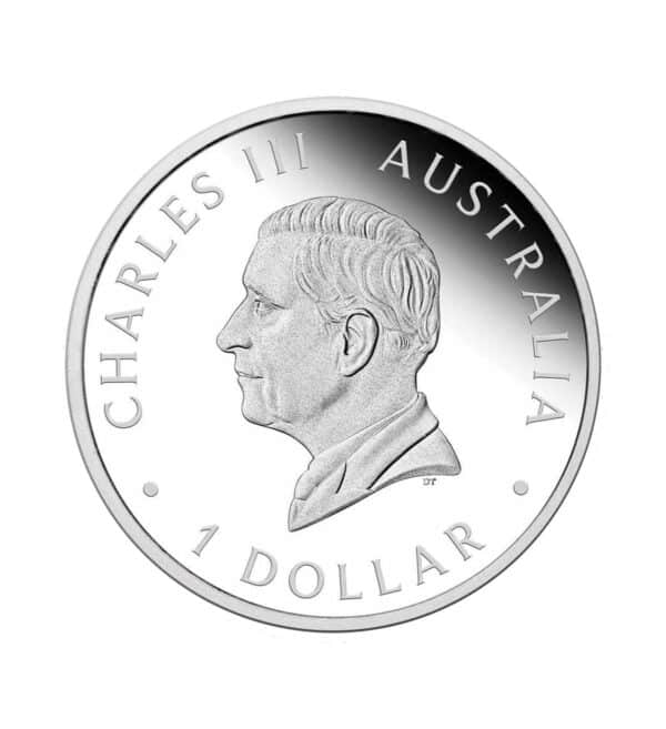 Perspectiva frontal de la moneda de plata Canguro de 1 onza de 2024, con el rostro de Carlos III, monarca de Reino Unido