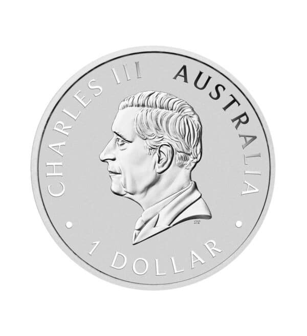 Perspectiva frontal de la cara de la moneta de plata Kookaburra de 1 onza de 2024, con el diseño del rey Carlos III