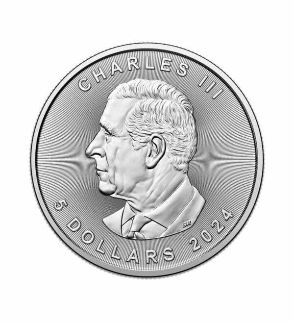 Perspectiva frontal de la cara de la moneda de plata Maple Leaf de 1 onza de 2024
