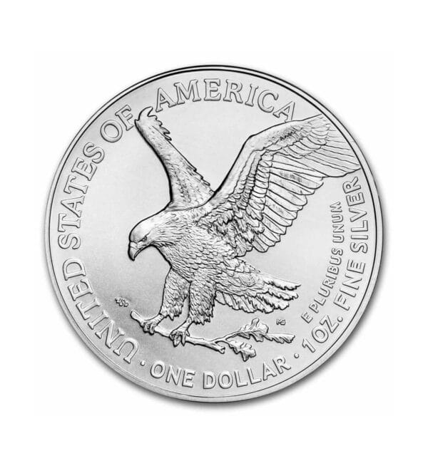 Perspectiva frontal de la cruz de la moneda de plata American Eagle de 1 onza de 2024, con la imagen del águila