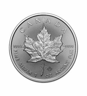 Perspectiva frontal de la cruz de la moneda de plata Maple Leaf de 1 onza de 2024, que muestra la hoja de arce