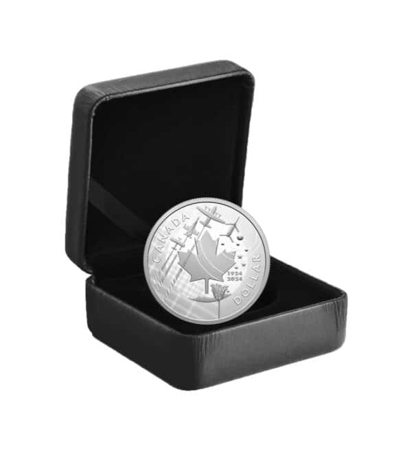 Packaging de la moneda de plata Royal Canadian Air Force 1 oz de plata, cuya caja es negra y contiene varios elementos decorativos