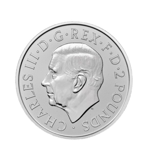 Perspectiva frontal de la cara de la moneda de plata Britannia y Liberty de 1oz de 2024, con el rostrodel monarca Carlos III de perfil