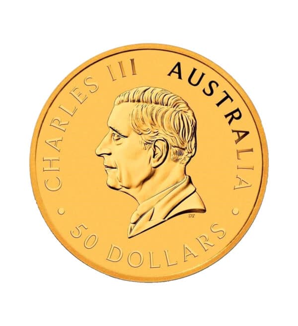 Perspectiva frontal de la cara de la moneda de oro Canguro de 1/2oz de 2024, con el rostro del monarca Carlos III de perfil y con el valor nominal de la moneda