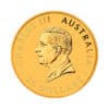 Perspectiva frontal de la cara de la moneda de oro Canguro de 1/4oz de 2024, con el rostro del monarca Carlos III de perfil y con el valor nominal de la moneda