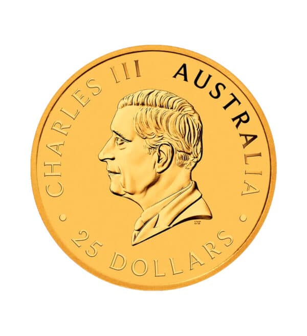 Perspectiva frontal de la cara de la moneda de oro Canguro de 1/4oz de 2024, con el rostro del monarca Carlos III de perfil y con el valor nominal de la moneda
