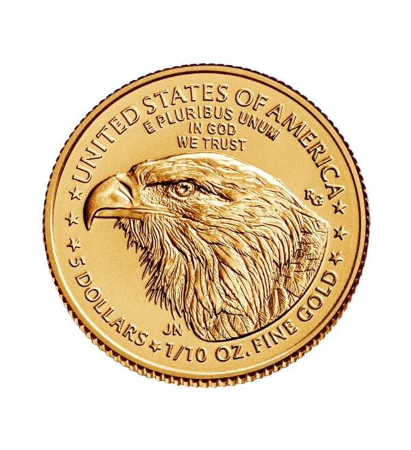 Perspectiva frontal de la cara de la moneda de oro American Eagle de 1/10oz de 2024, con la cara del águila ocupando casi su totalidad