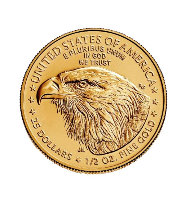 Perspectiva frontal de la cara de la moneda de oro American Eagle de 1/2oz de 2024, con la cara del águila ocupando casi su totalidad