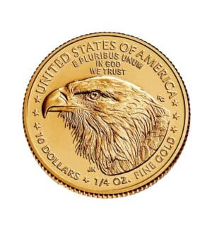 Perspectiva frontal de la cara de la moneda de oro American Eagle de 1/4oz de 2024, con la cara del águila ocupando casi su totalidad