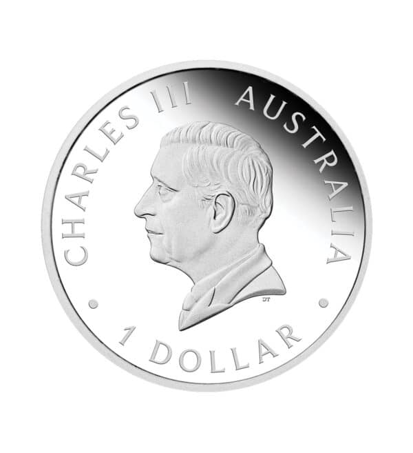 Perspectiva frontal de la cara de la moneda de plata policromada Feliz Cumpleaños de 1oz de 2024, con el rostro del monarca Carlos III de perfil