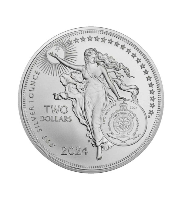 Perspectiva frontal de la cara de la moneda de plata Johannes Gutenberg de 1oz de 2024