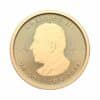 Perspectiva frontal de la cara de la moneda de oro Maple Leaf de 1/2oz de 2024, con el rostro del monarca Carlos III de perfil y con el valor nominal de la moneda