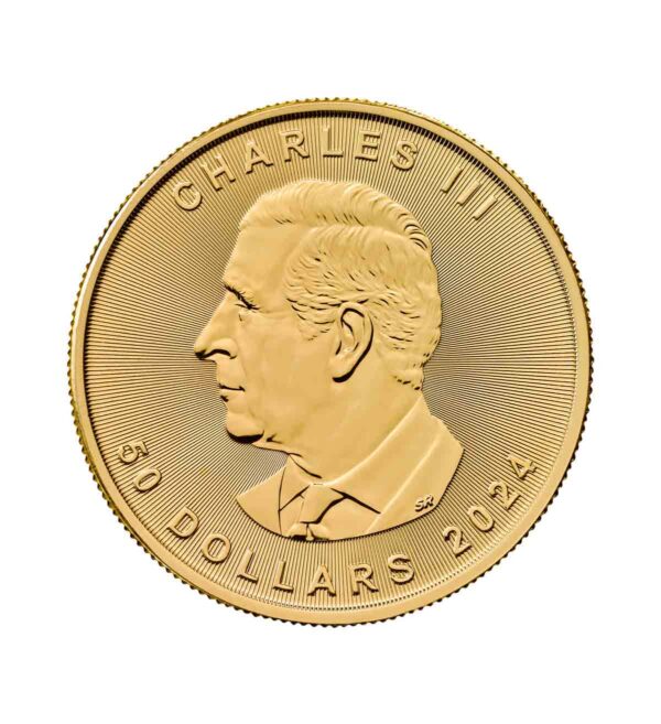 Perspectiva frontal de la cara de la moneda de oro Maple Leaf de 1oz de 2024, con el rostro de Carlos III