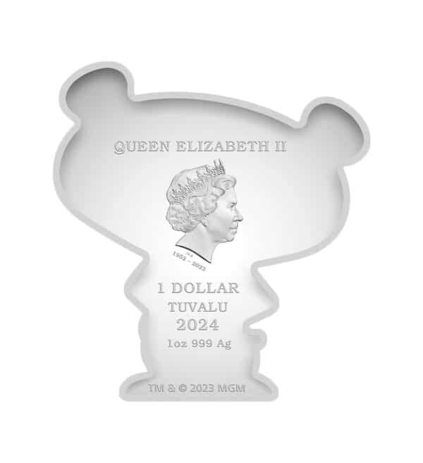 Cara de la moneda de plata Pantera Rosa de 1oz de 2024, con el rostro de la exmonarca Isabel II