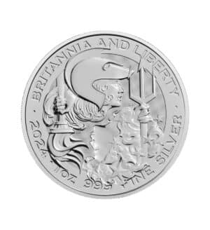 Perspectiva frontal de la moneda de plata Britannia y Liberty de 1oz de plata de 2024, con los rostros opuestos de las diosas
