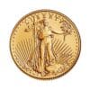 Perspectiva frontal de la cruz de la moneda de oro American Eagle de 1/10oz de 2024, con la figura de la Libertad portando un ramo de olivo y una antorcha