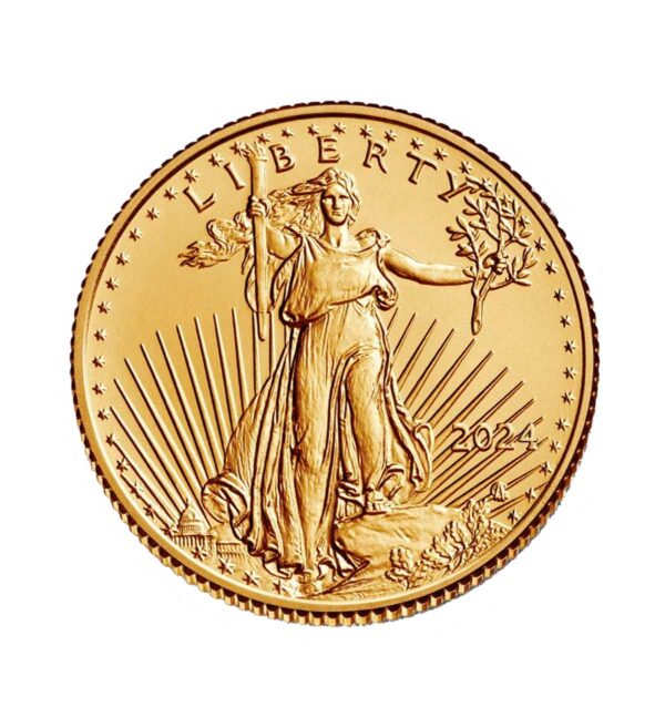 Perspectiva frontal de la cruz de la moneda de oro American Eagle de 1/2oz de 2024, con la figura de la Libertad portando un ramo de olivo y una antorcha