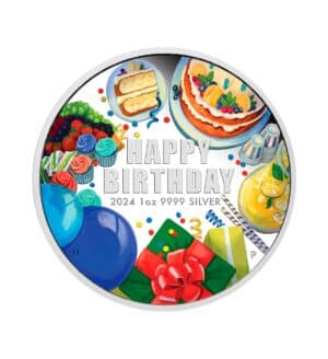 Perspectiva frontal de la cruz de la moneda de plata policromada Feliz Cumpleaños de 1oz de 2024, que muestra globos, regalos y platos típicos de esta celebración